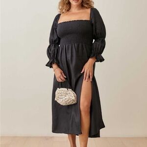 Reformation Hyland LINEN smocked midi dress black Medium EUC